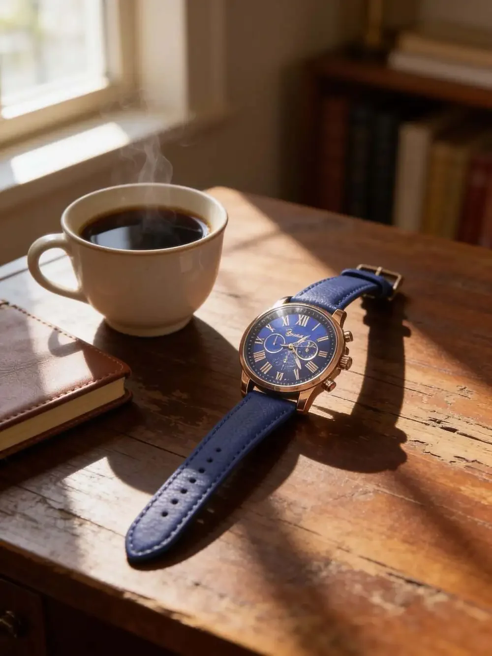 Geneva Roman Numeral Quartz Watch with Blue Leather Strap and Rose Gold Case